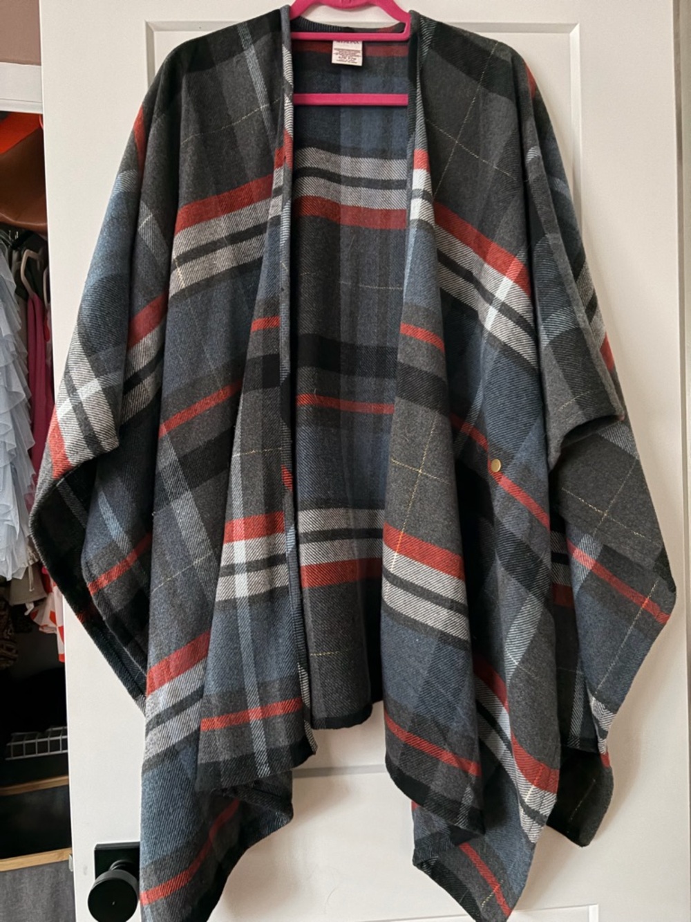 Merona Gray Plaid Open Front Poncho Cape with Red Accents